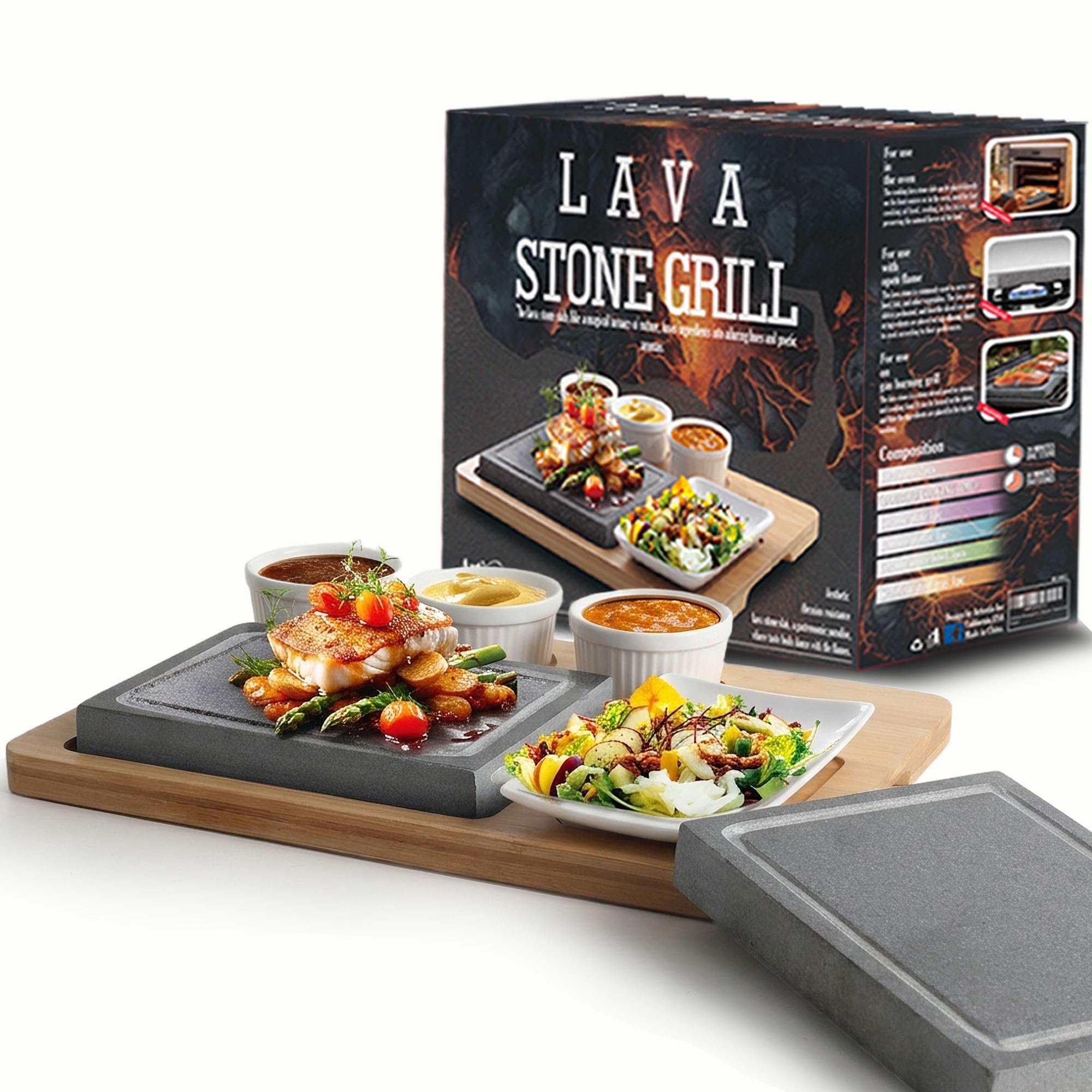 Artestia front view of full hot stone grill set, easy tabletop entertaining