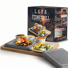 Artestia front view of full hot stone grill set, easy tabletop entertaining