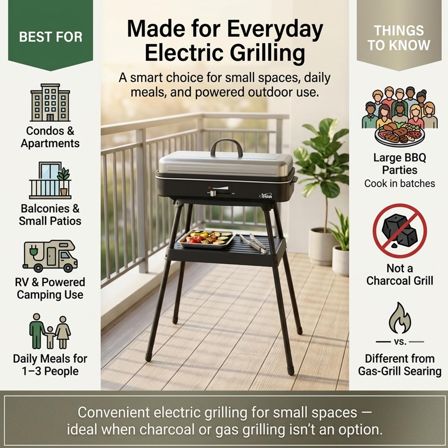 Artestia grilling on a balcony demonstrating apartment-friendly cooking benefit