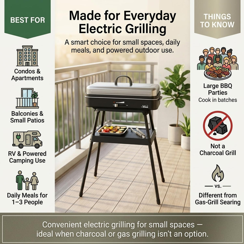 Artestia grilling on a balcony demonstrating apartment-friendly cooking benefit