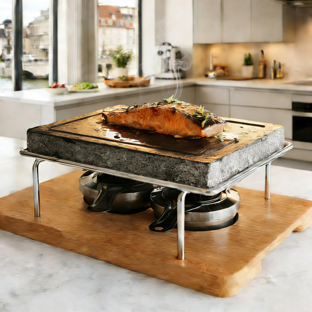 Artestia sizzling steak on stone, demonstrating quick sear and flavorful crust