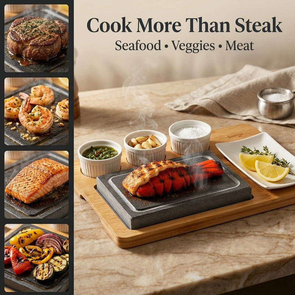 Artestia steak searing on hot stone, restaurant-style crust at home