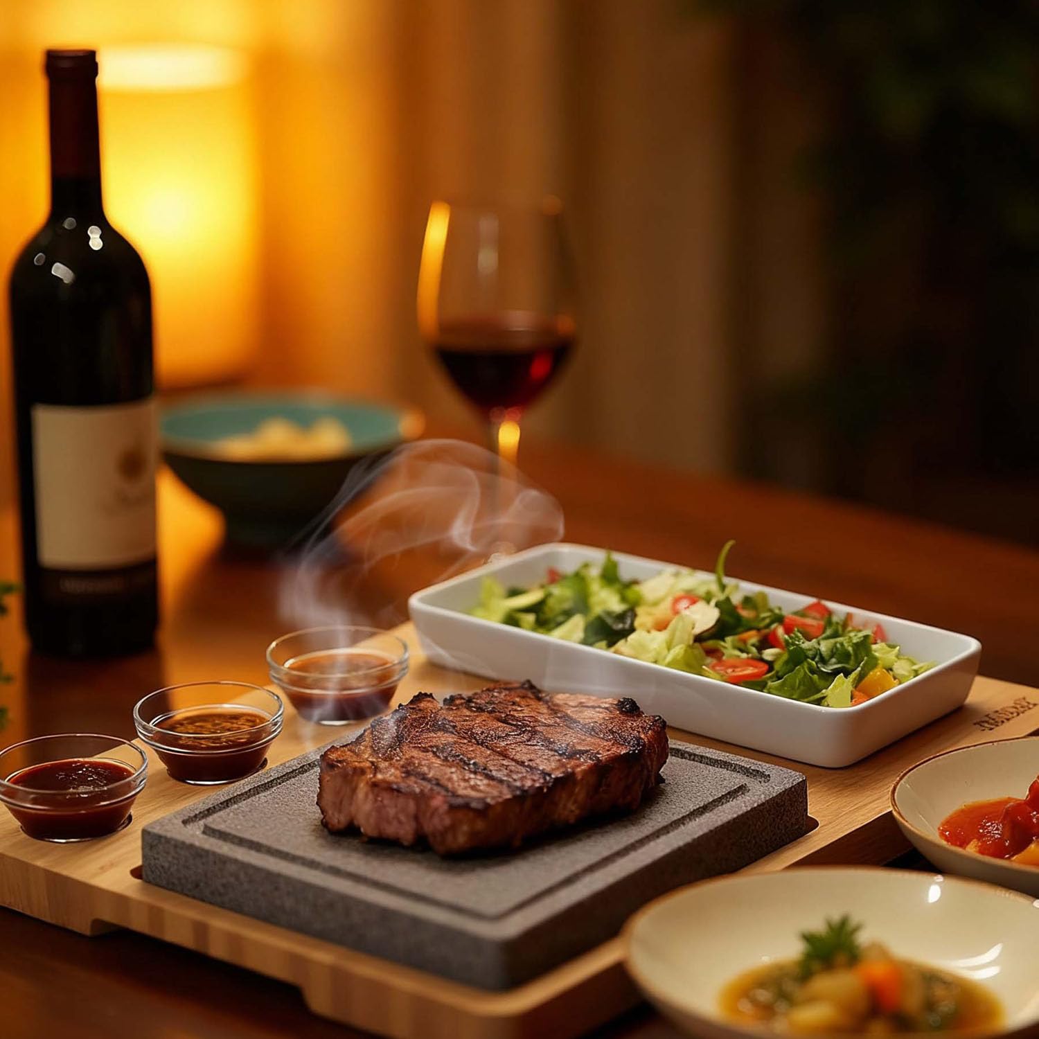 Artestia stone with steak sizzling, immediate sear and personalized doneness
