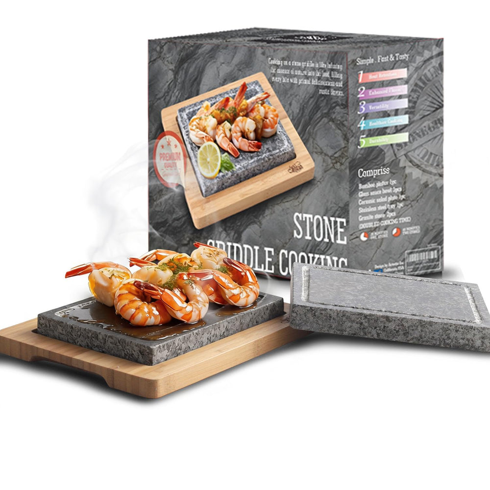 Artestia front view of set showing stones and bamboo tray for elegant serving