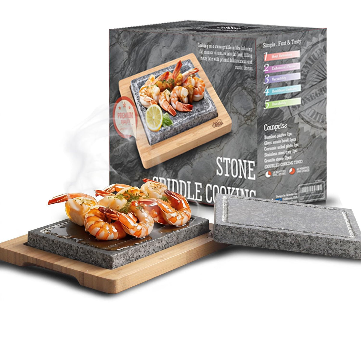 Artestia front view of set showing stones and bamboo tray for elegant serving
