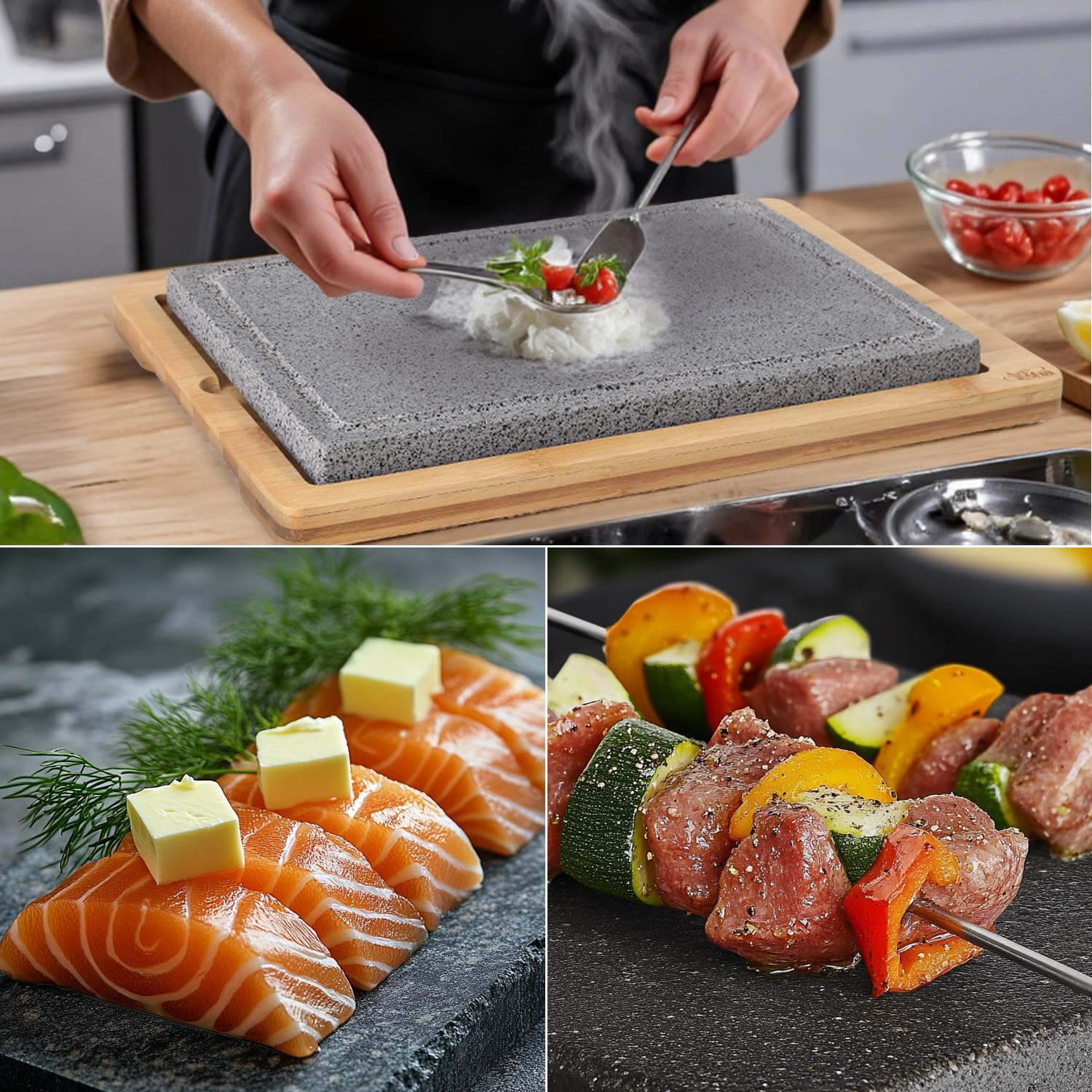 Artestia hot stone with visible sizzle illustrating fast searing advantage
