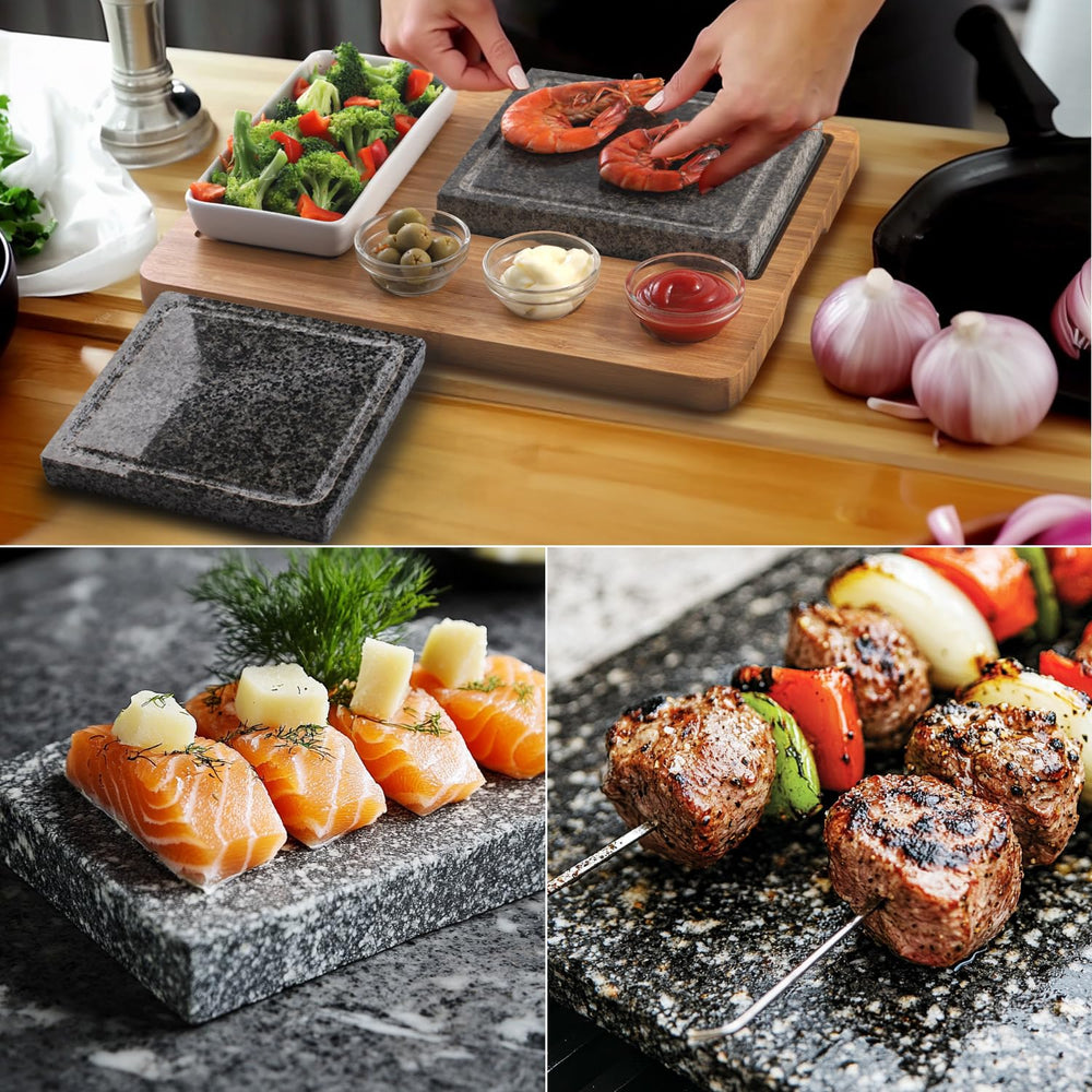 Two Artestia stones on bamboo tray glowing hot, safe tabletop grilling