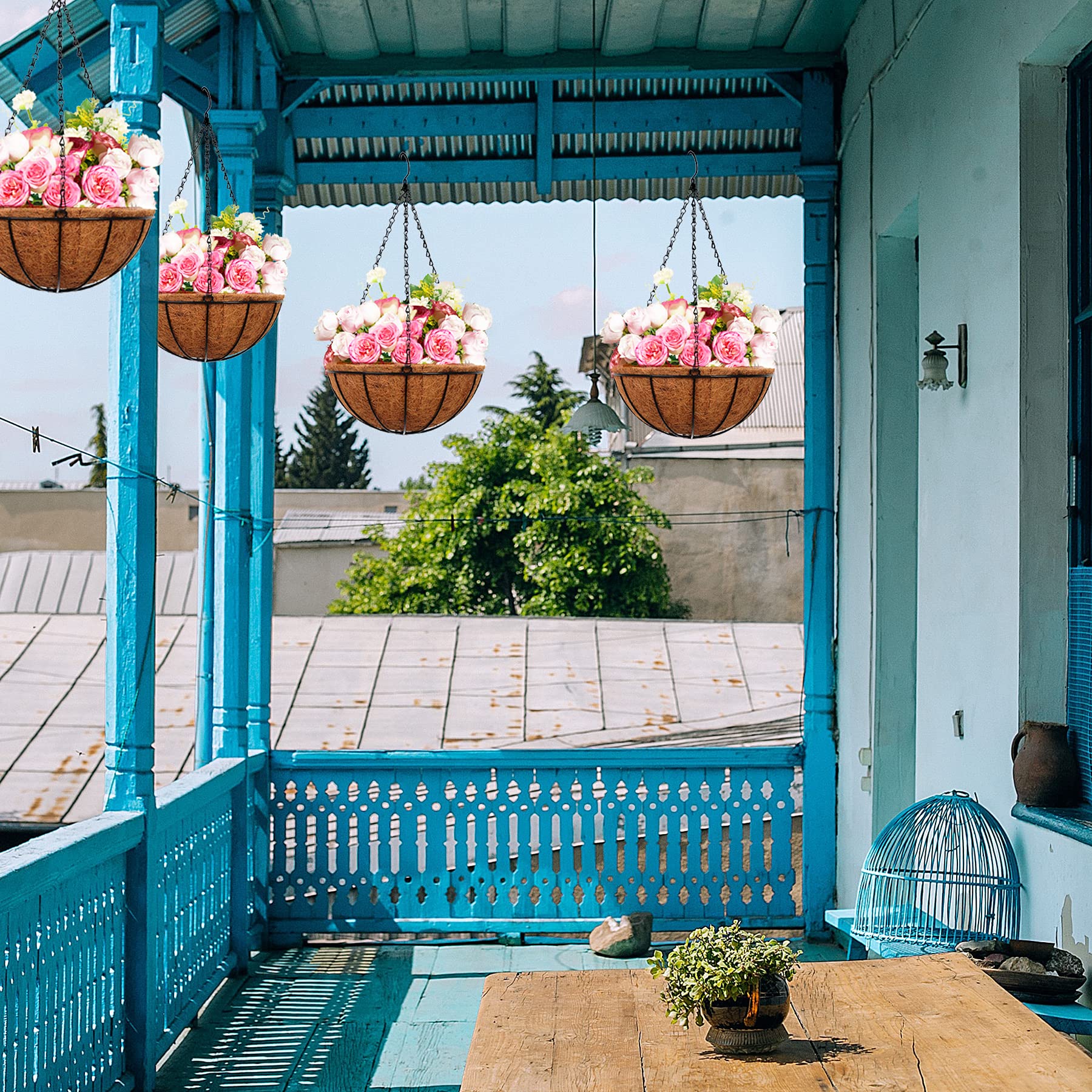 ArtFamy hanging baskets on porch rail showing attractive outdoor display