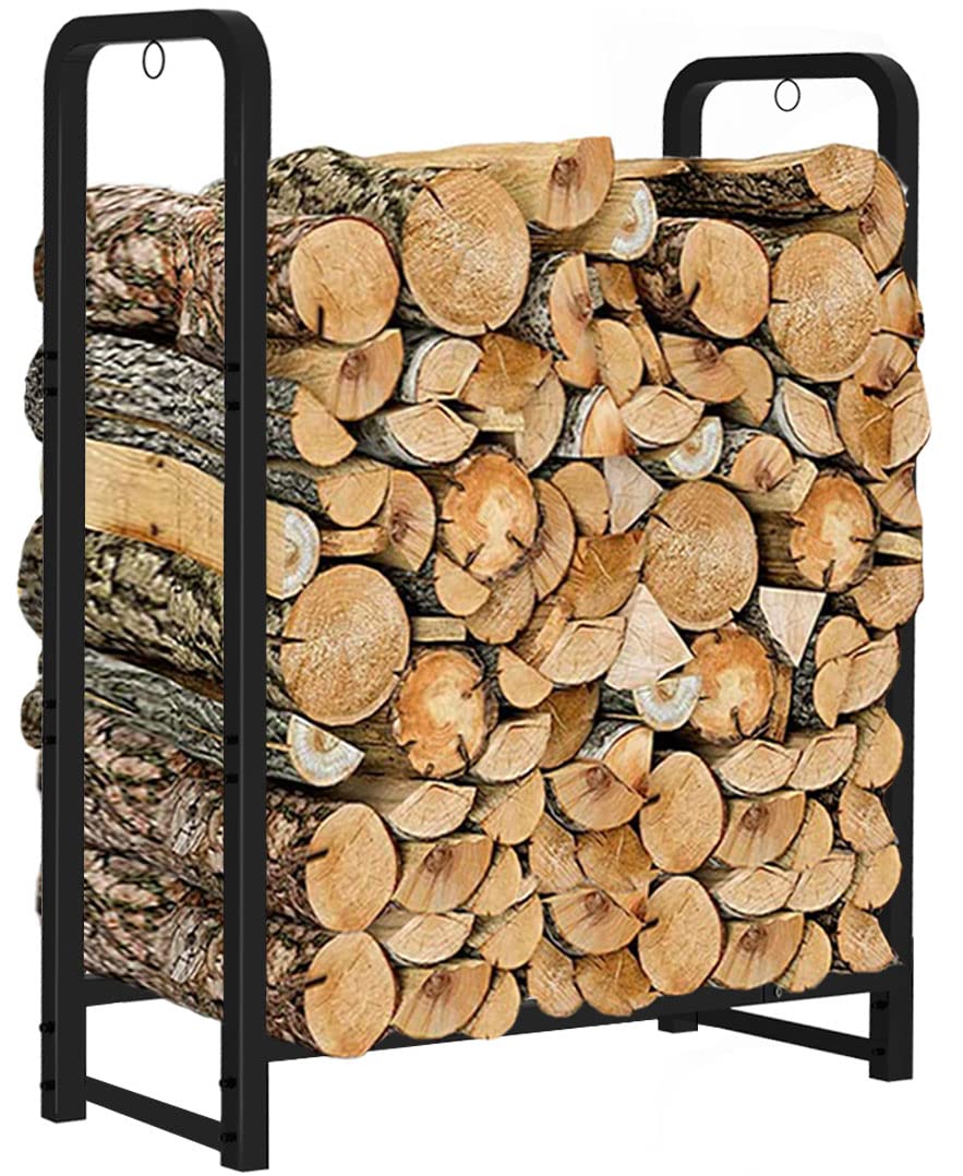 Artibear front view of matte black rack showing compact footprint and neat log stacking