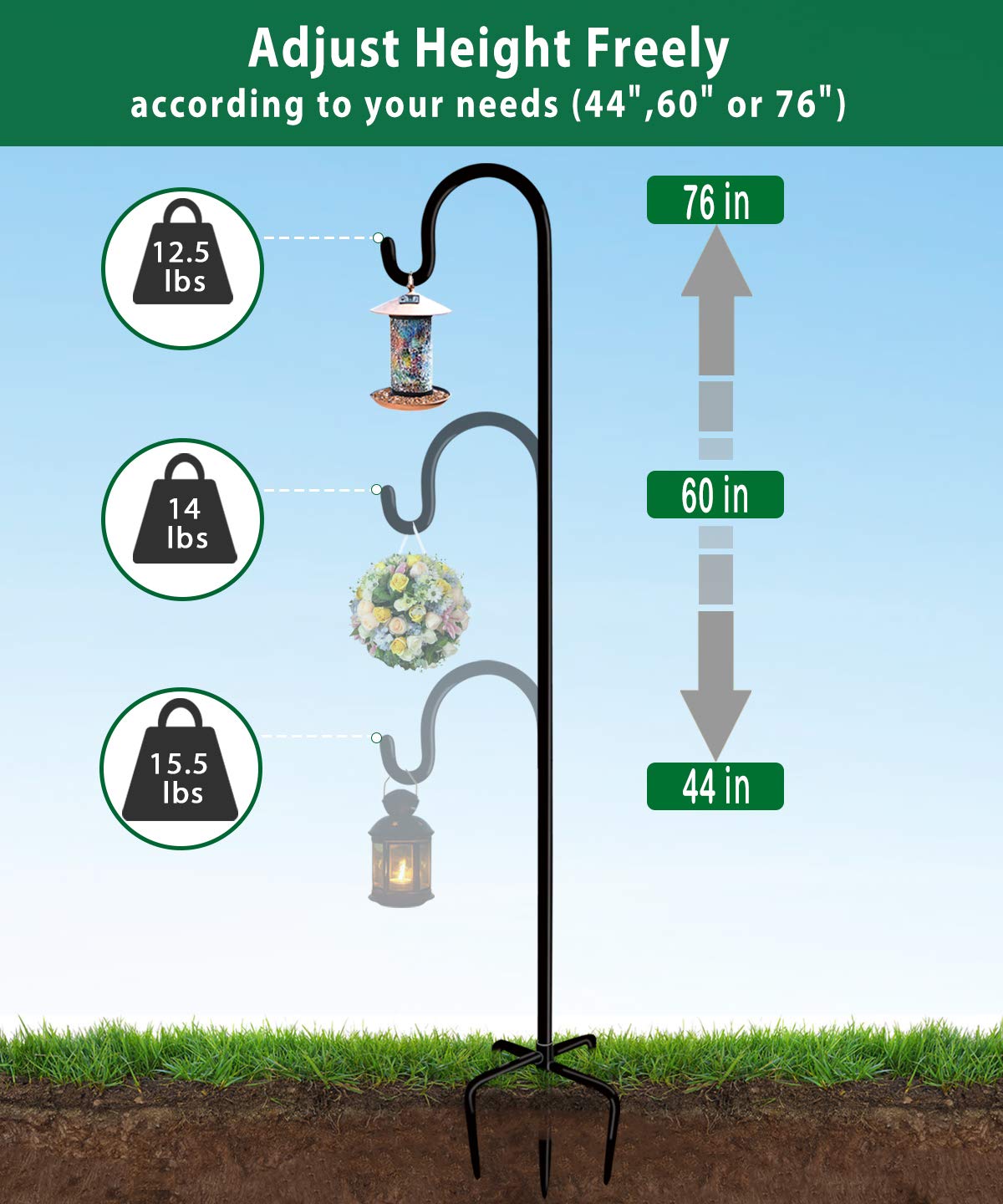 Artibear shepherd hook holding a bird feeder demonstrating safe load support