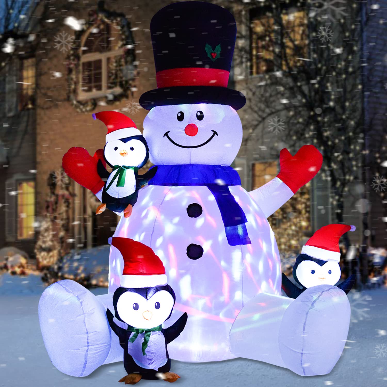 Artiflr front view inflated snowman and penguins showing festive curb appeal