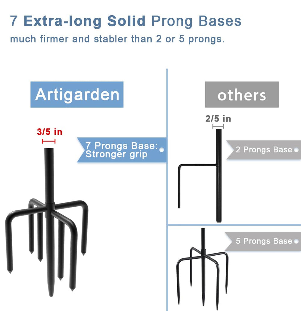 Artigarden wide shot of base prongs inserted into garden soil showing stable seven-prong anchoring benefit