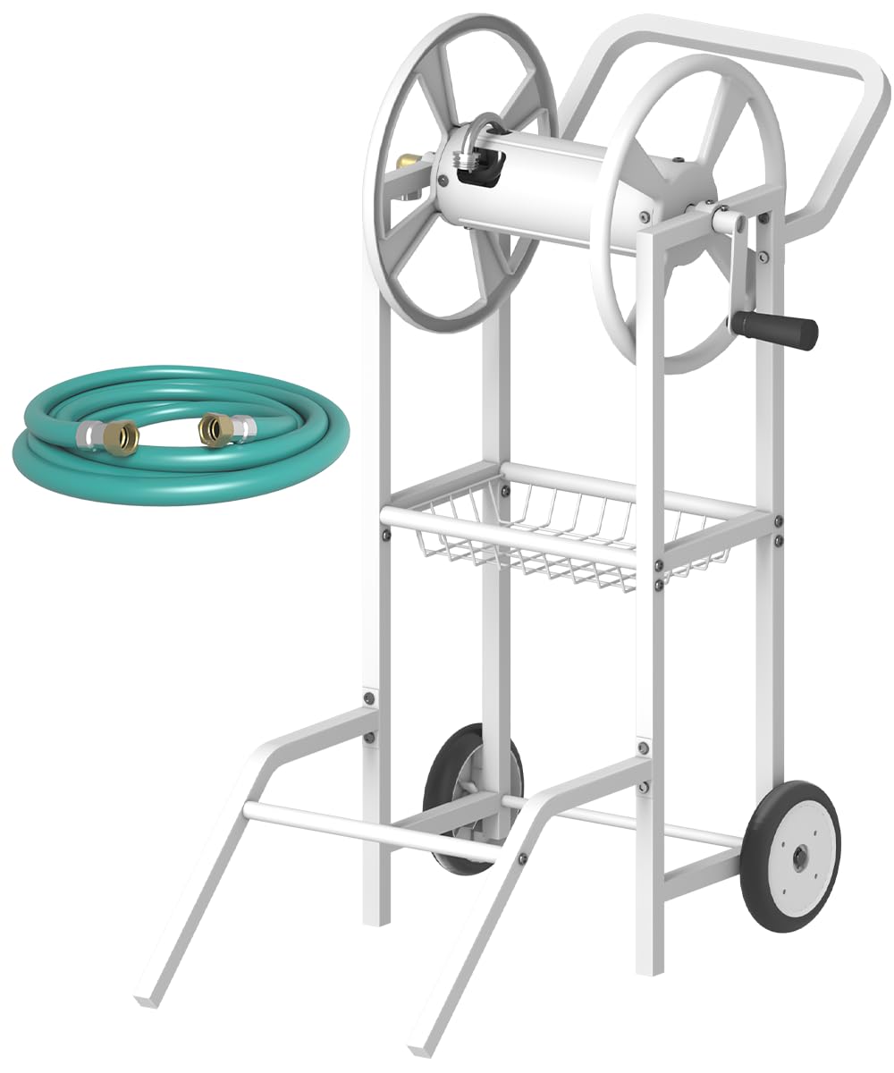 Artigarden front profile of white hose reel cart showing compact storage benefit