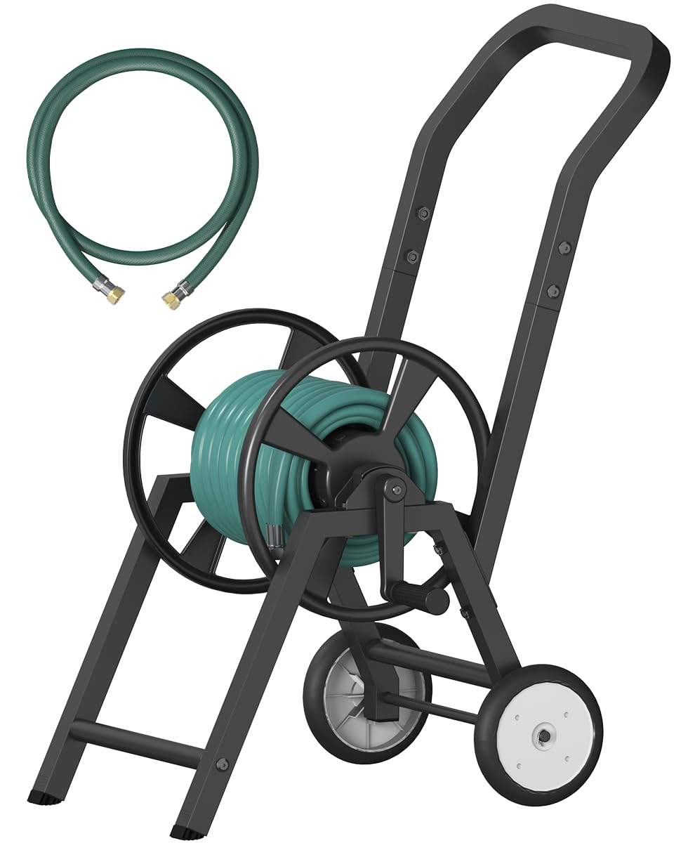 Artigarden front view of metal hose reel cart showing sturdy build and storage benefit