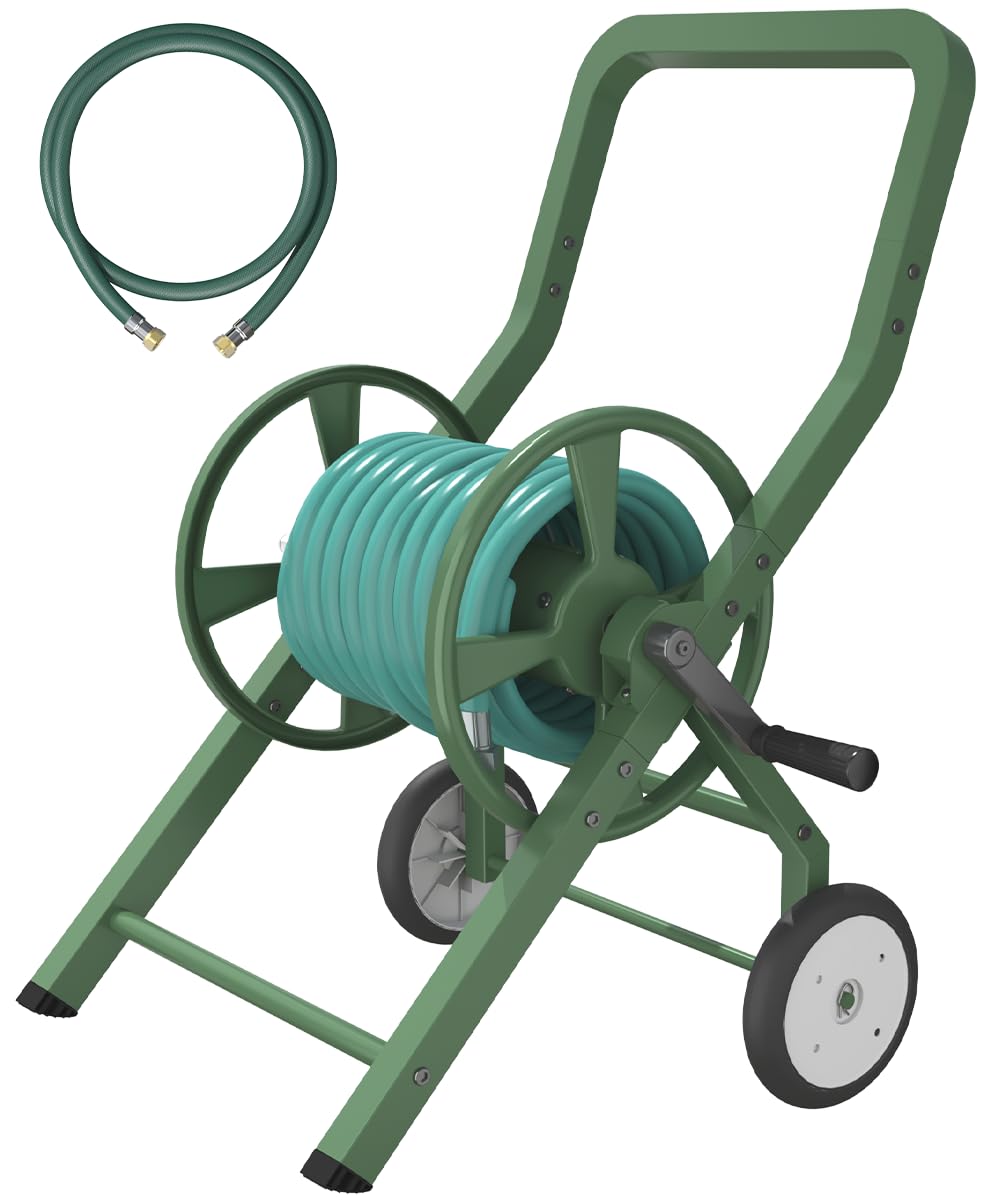 Artigarden front view of green hose reel cart showing organized storage and mobility