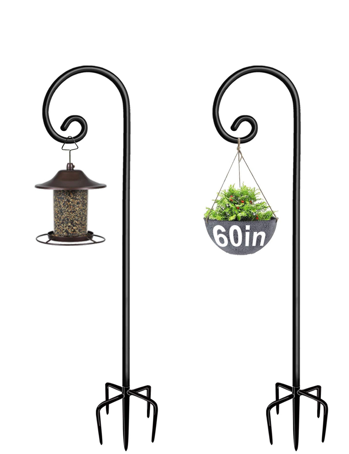 Artigarden front view of two black shepherd hooks showing sturdy design and curb appeal