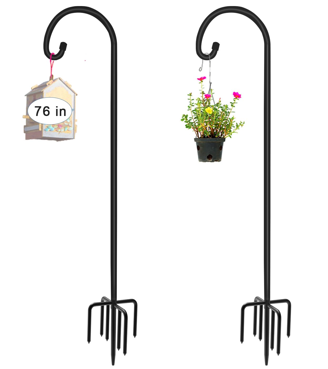 Artigarden front view of two assembled shepherd hooks showing full height and matte black finish for reliable outdoor hanging