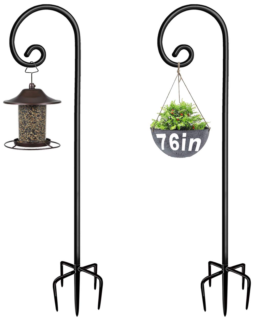 Artigarden front view of two black shepherd hooks showing elegant curve and height benefit