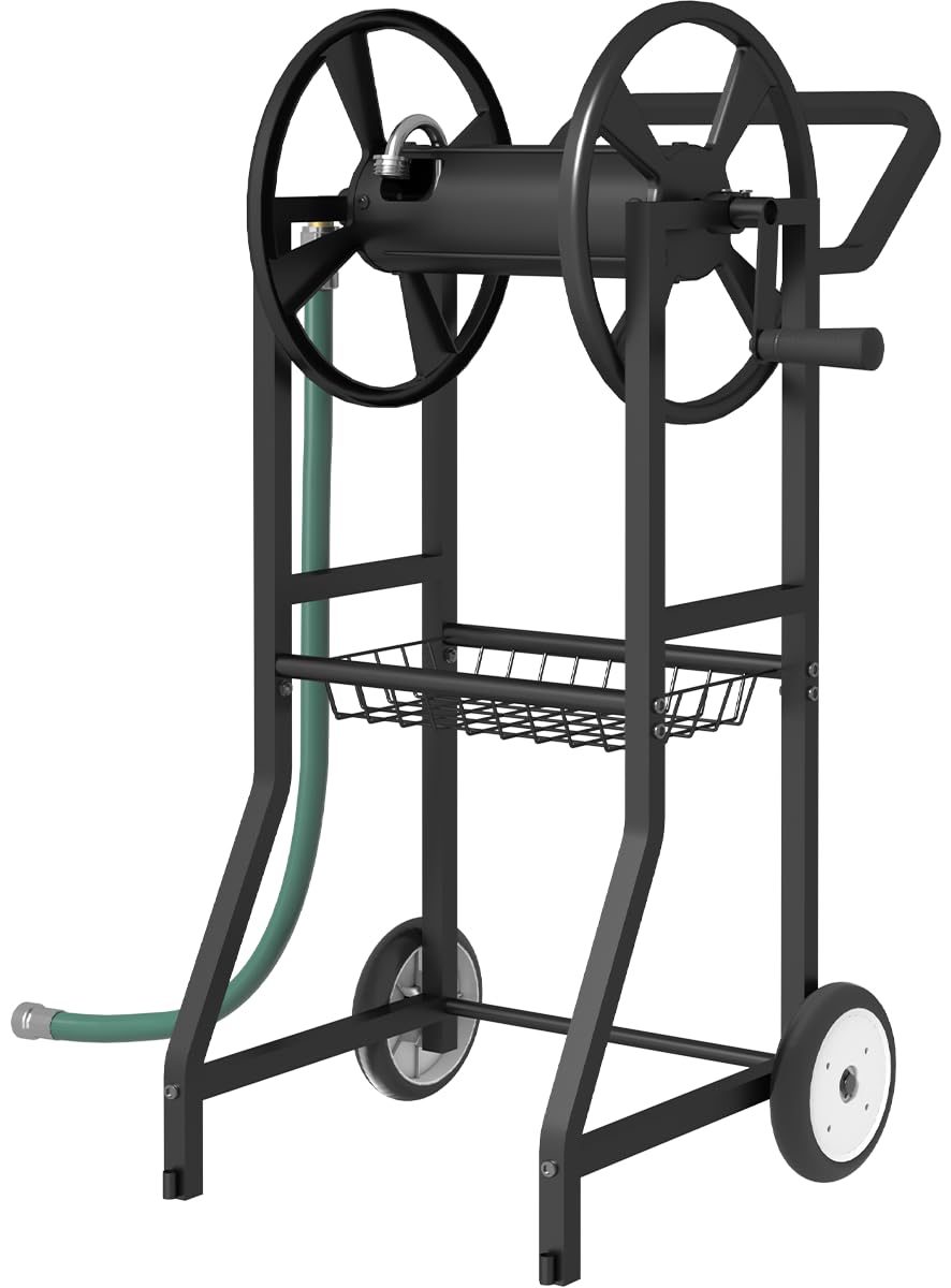 Artigarden front view of hose reel cart showing capacity and compact design for neat storage