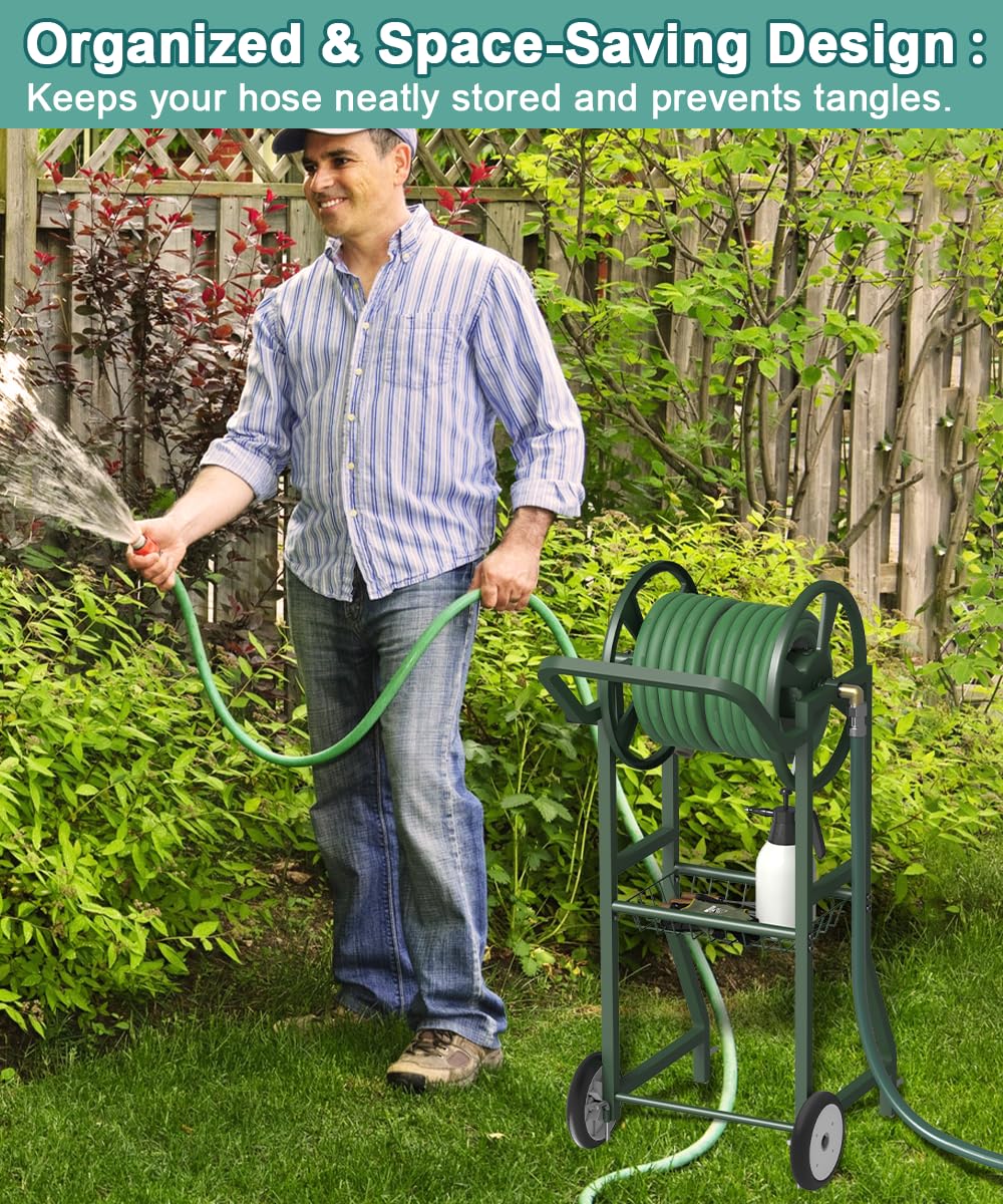 Artigarden lifestyle shot of reel cart in backyard making watering tidy
