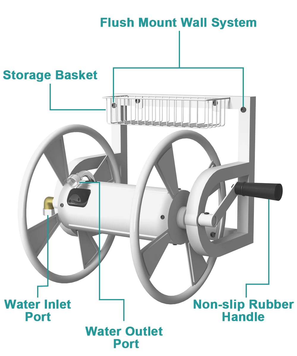 Artigarden hose reel beside measuring tape illustrating capacity for long hoses