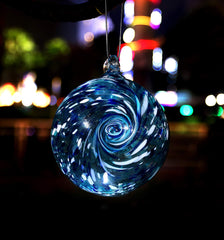 Artisan Crafts and Design front view aqua-blue gazing ball showing decorative glow