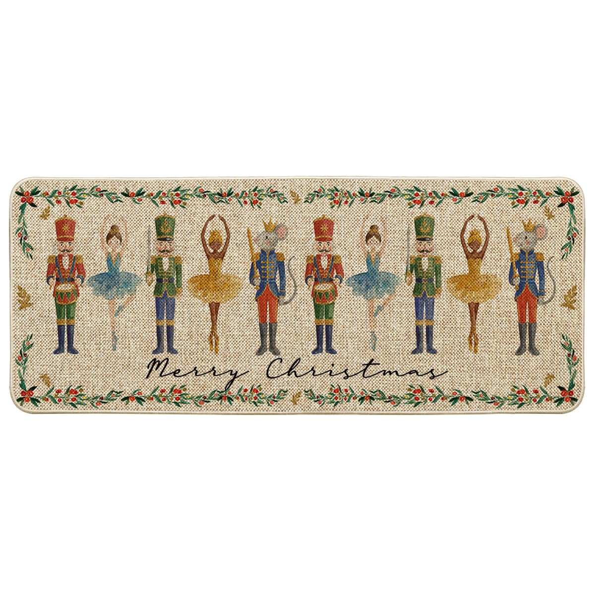 Artoid Mode front view of watercolor nutcrackers mat showing holiday welcome design and curb appeal