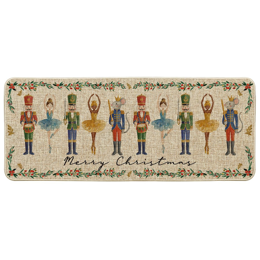 Artoid Mode front view of watercolor nutcrackers mat showing holiday welcome design and curb appeal