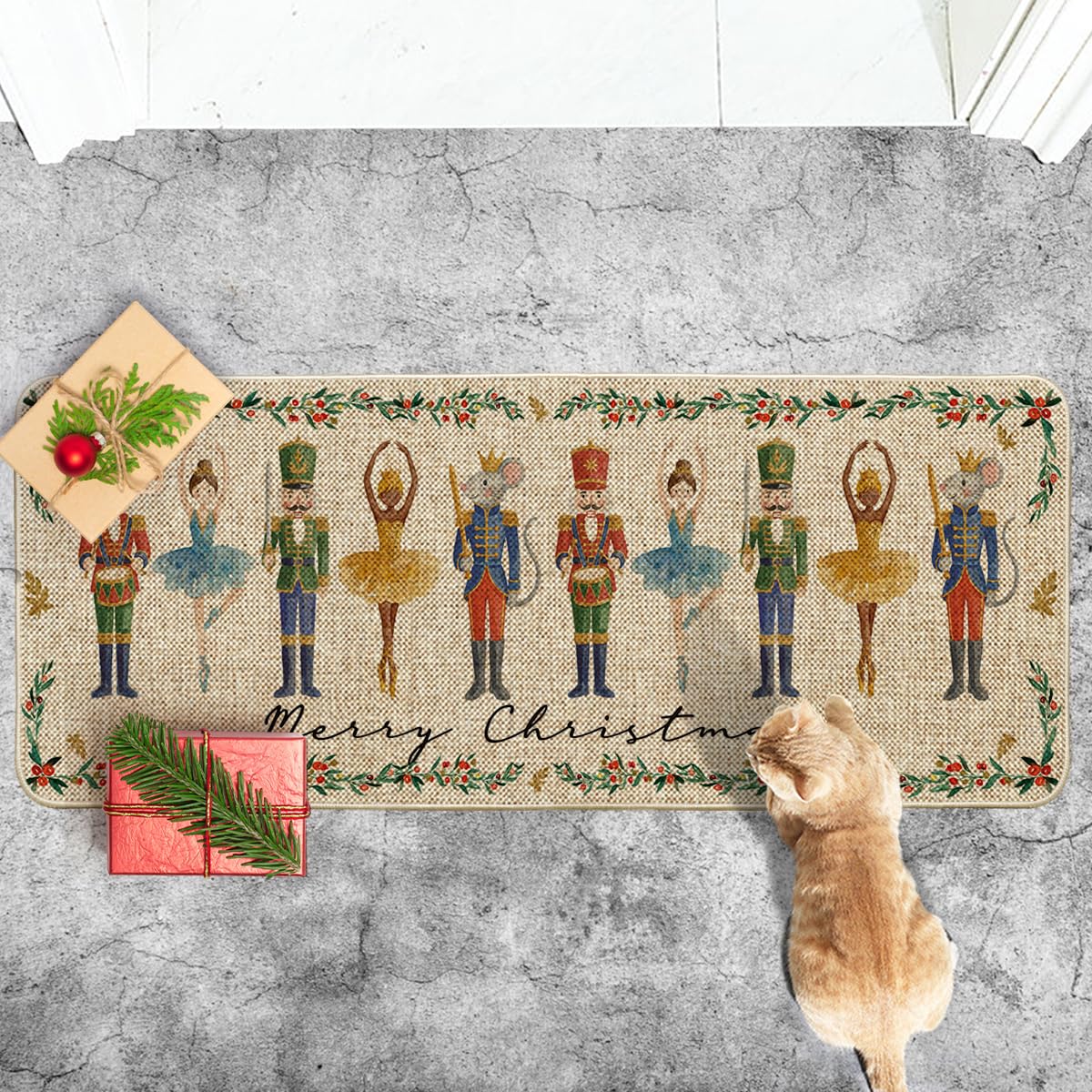 Artoid Mode mat in a porch entryway styled with holiday decor offering a festive welcome