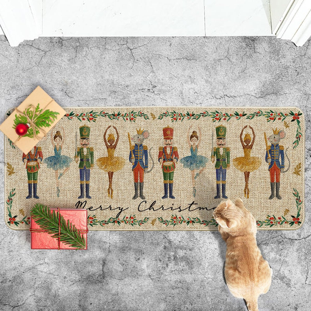 Artoid Mode mat in a porch entryway styled with holiday decor offering a festive welcome