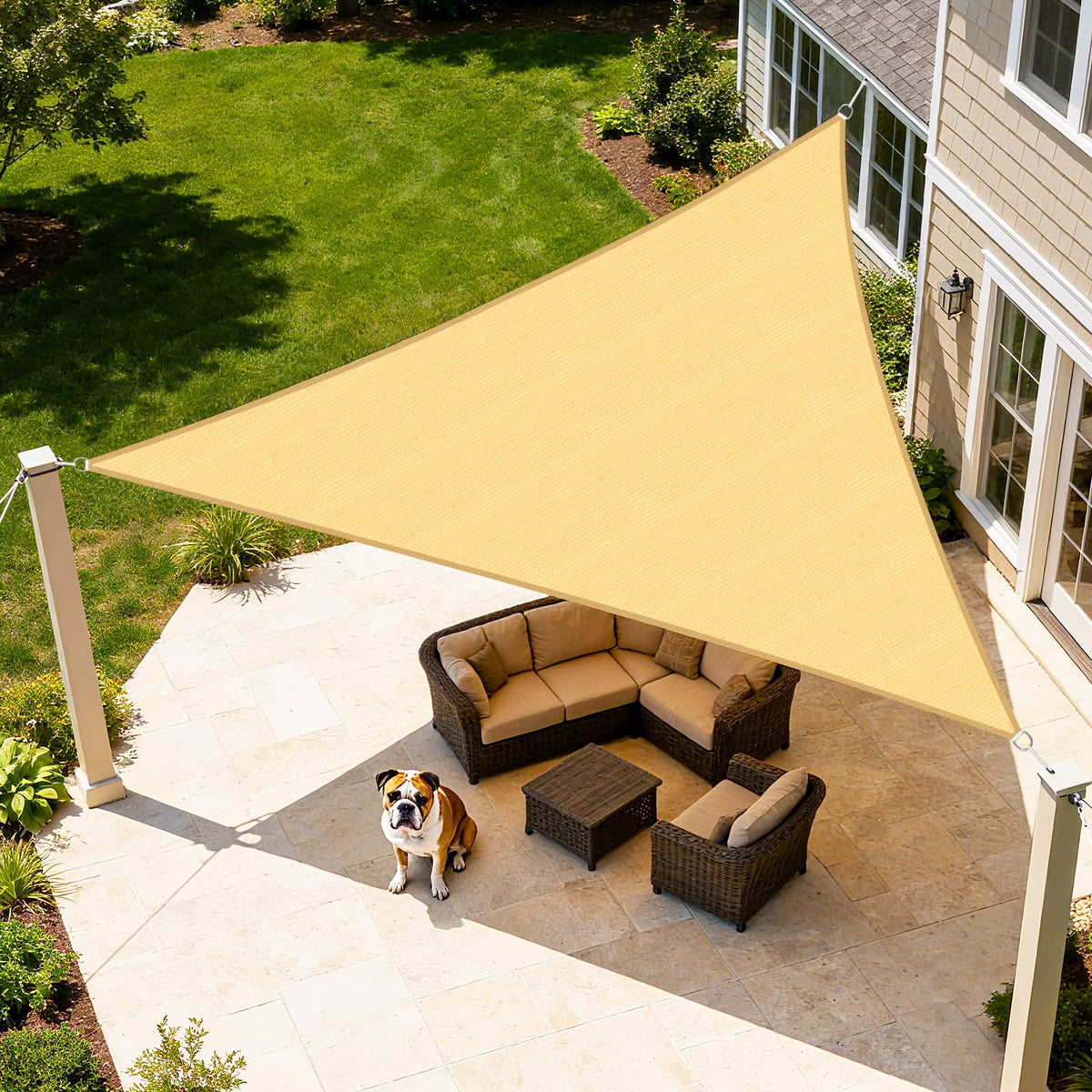 Artpuch front view of sand triangle sail showing full shape and clean finish, durable coverage