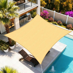 Artpuch front view of 16x20 sand shade sail showing coverage and shape
