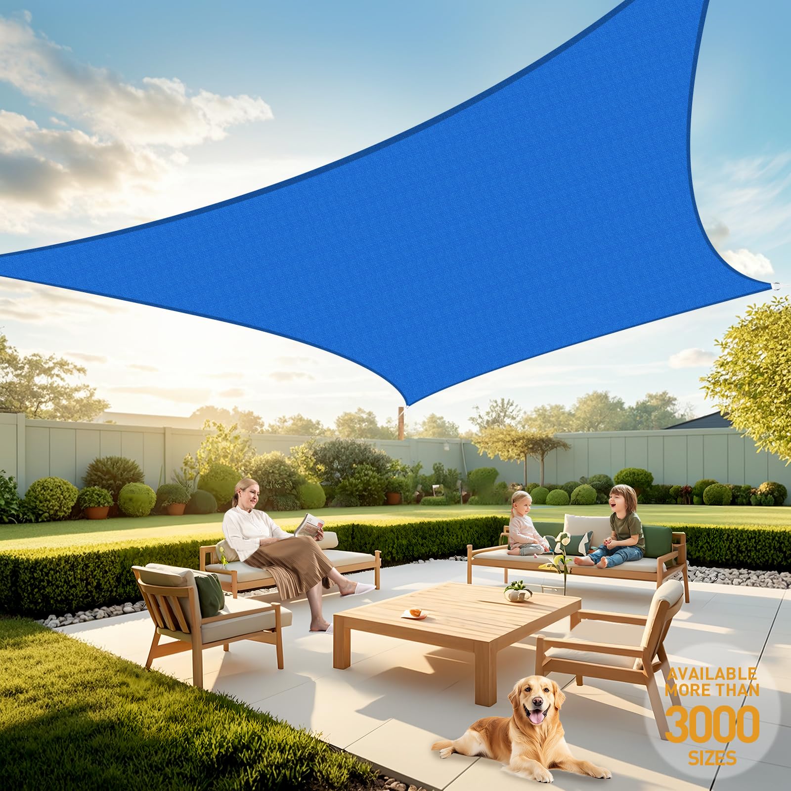 Artpuch front view of blue rectangular shade sail showing coverage benefit