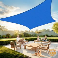 Artpuch front view of blue rectangular shade sail showing coverage benefit