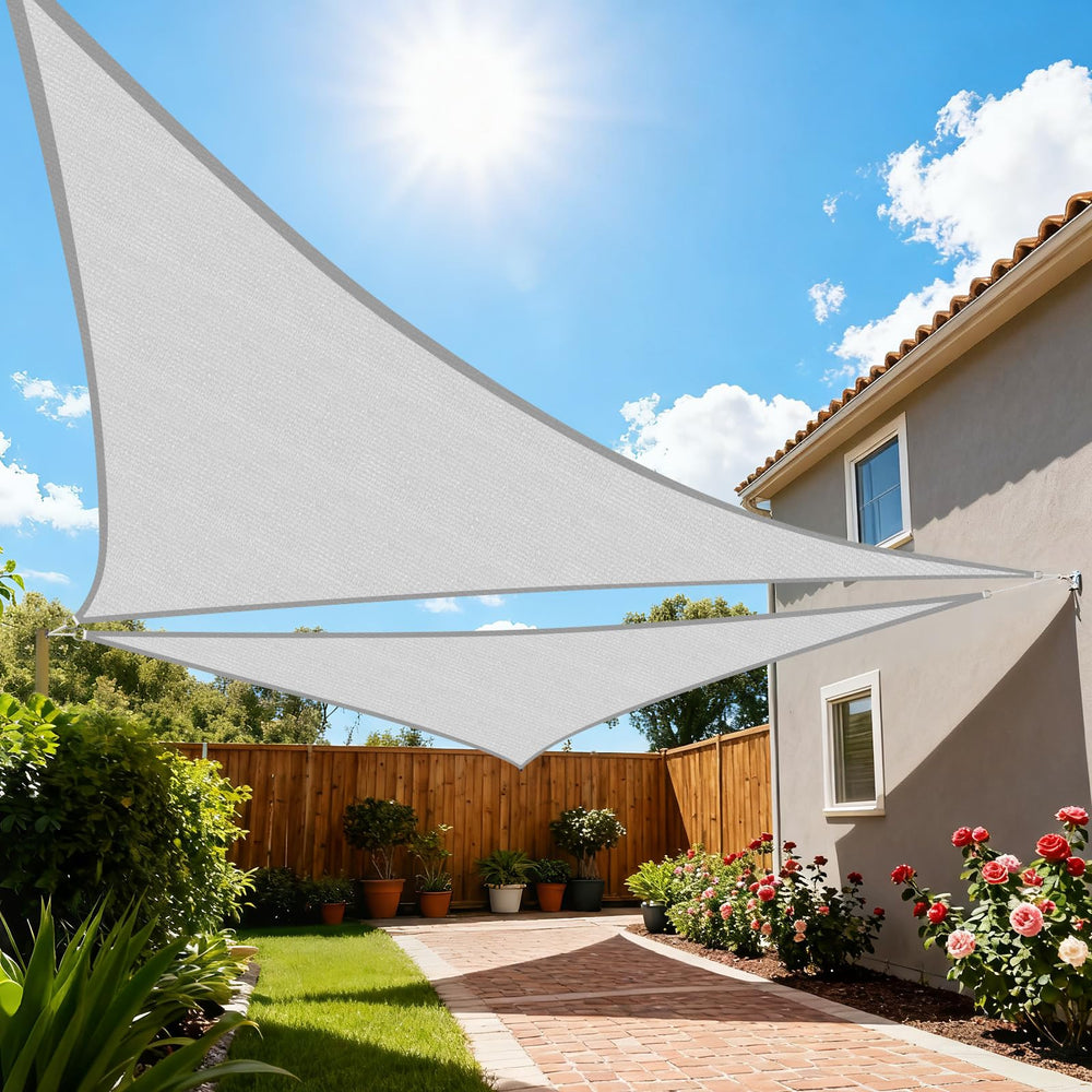 Artpuch front view of triangle shade sail showing clean coverage and sun protection