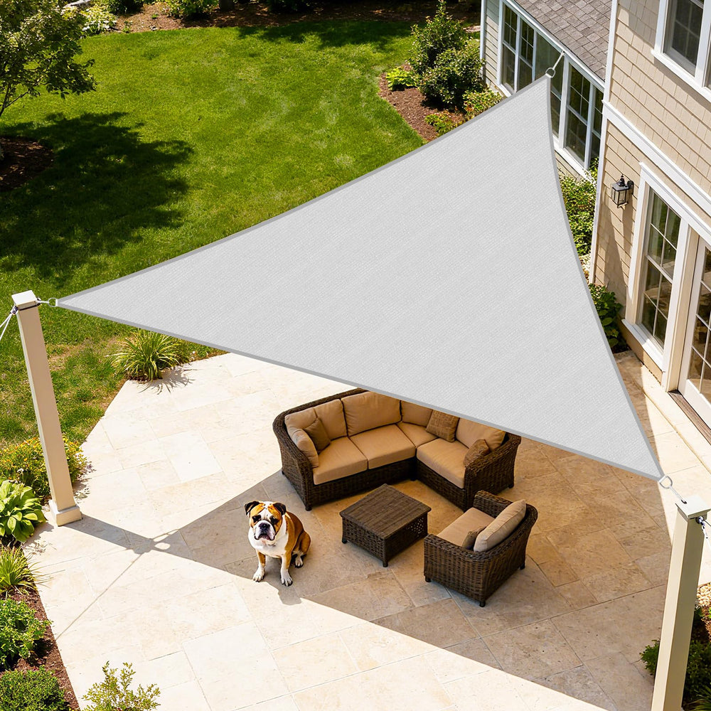 Artpuch triangle sail front view showing full coverage and UV reduction benefit