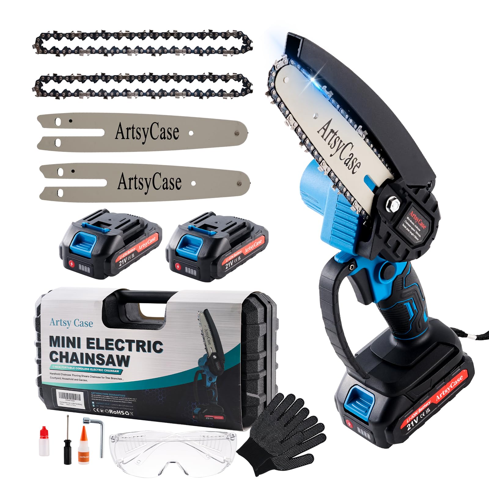 ARTSYCASE mini chainsaw front view showing compact design and portability