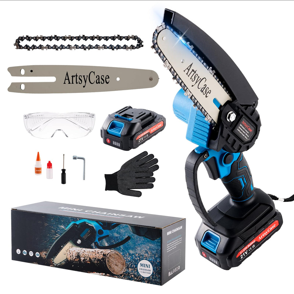 ArtsyCase front view showing compact cordless chainsaw and benefits of portability