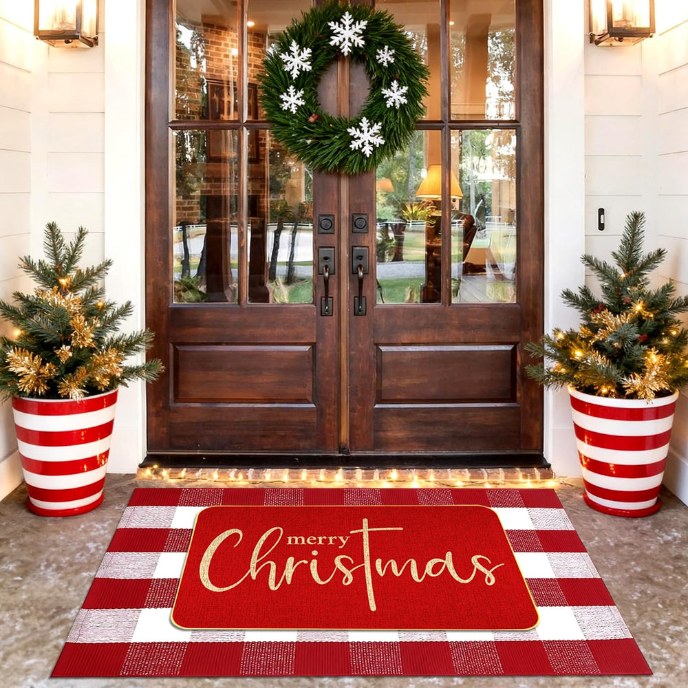 ARTUFAN close-up of top mat texture showing durable fibers and clear Merry Christmas print
