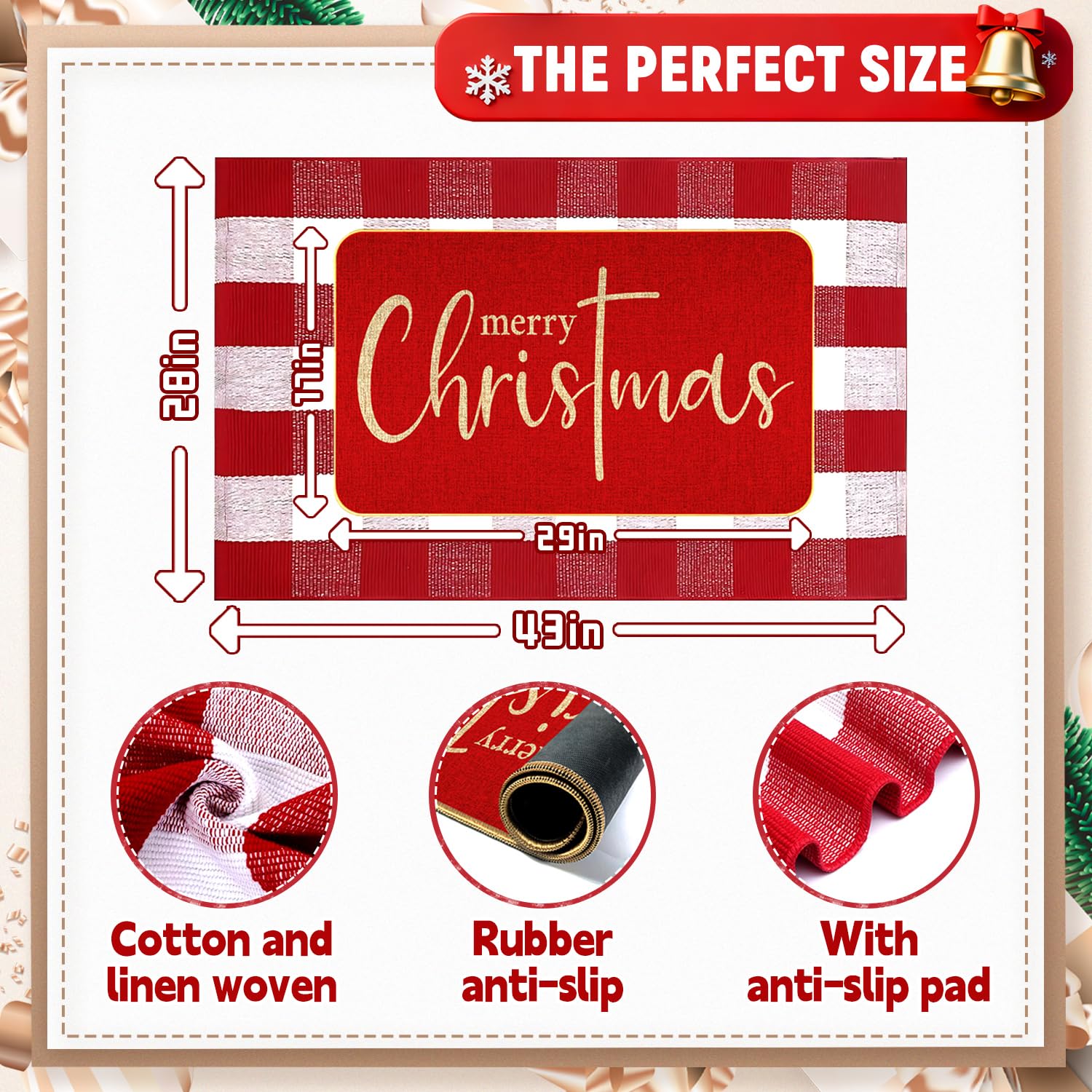 ARTUFAN red and white plaid rug full view adding cozy holiday color and floor protection