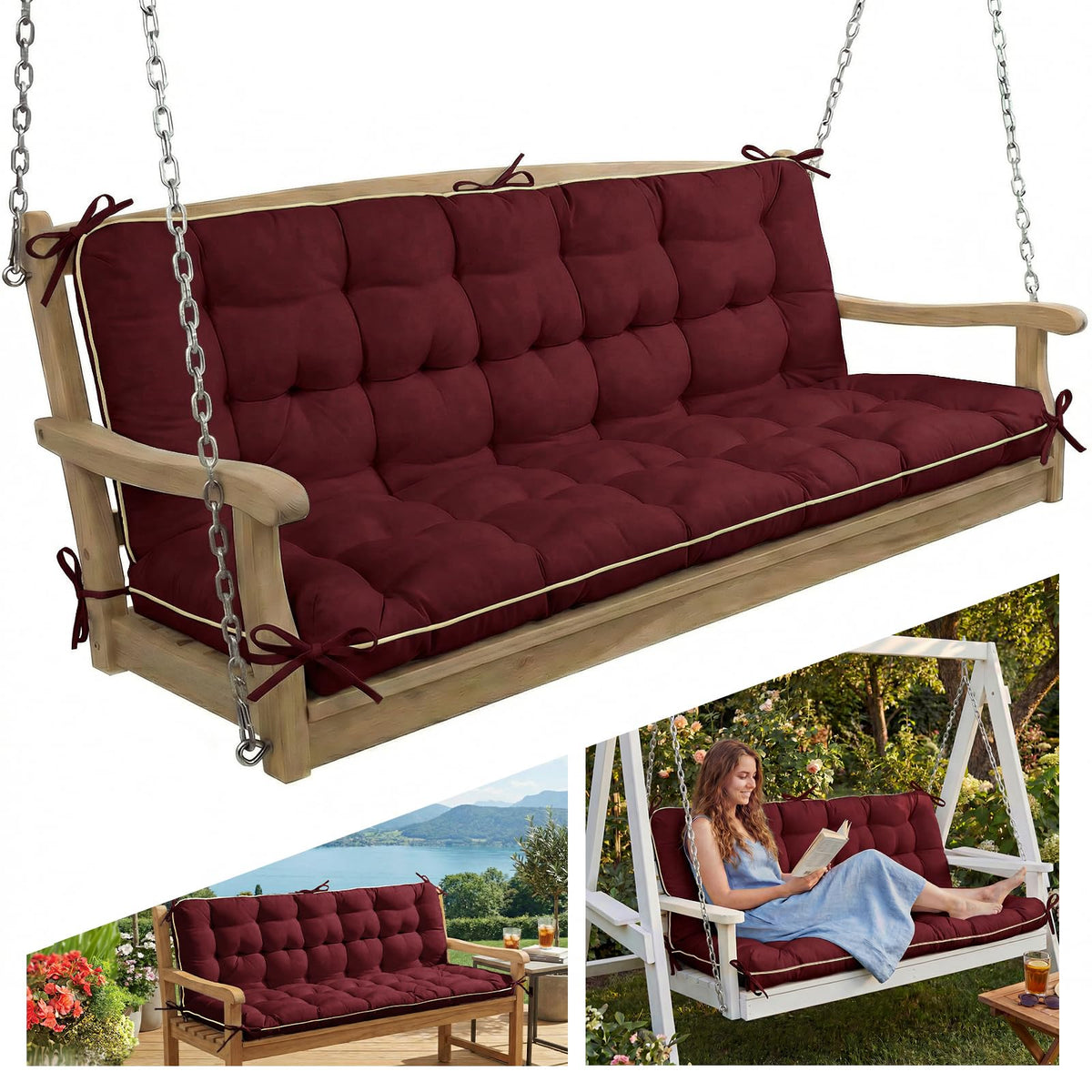 AS AWESLING front view of swing cushions showing neat fit and curb appeal