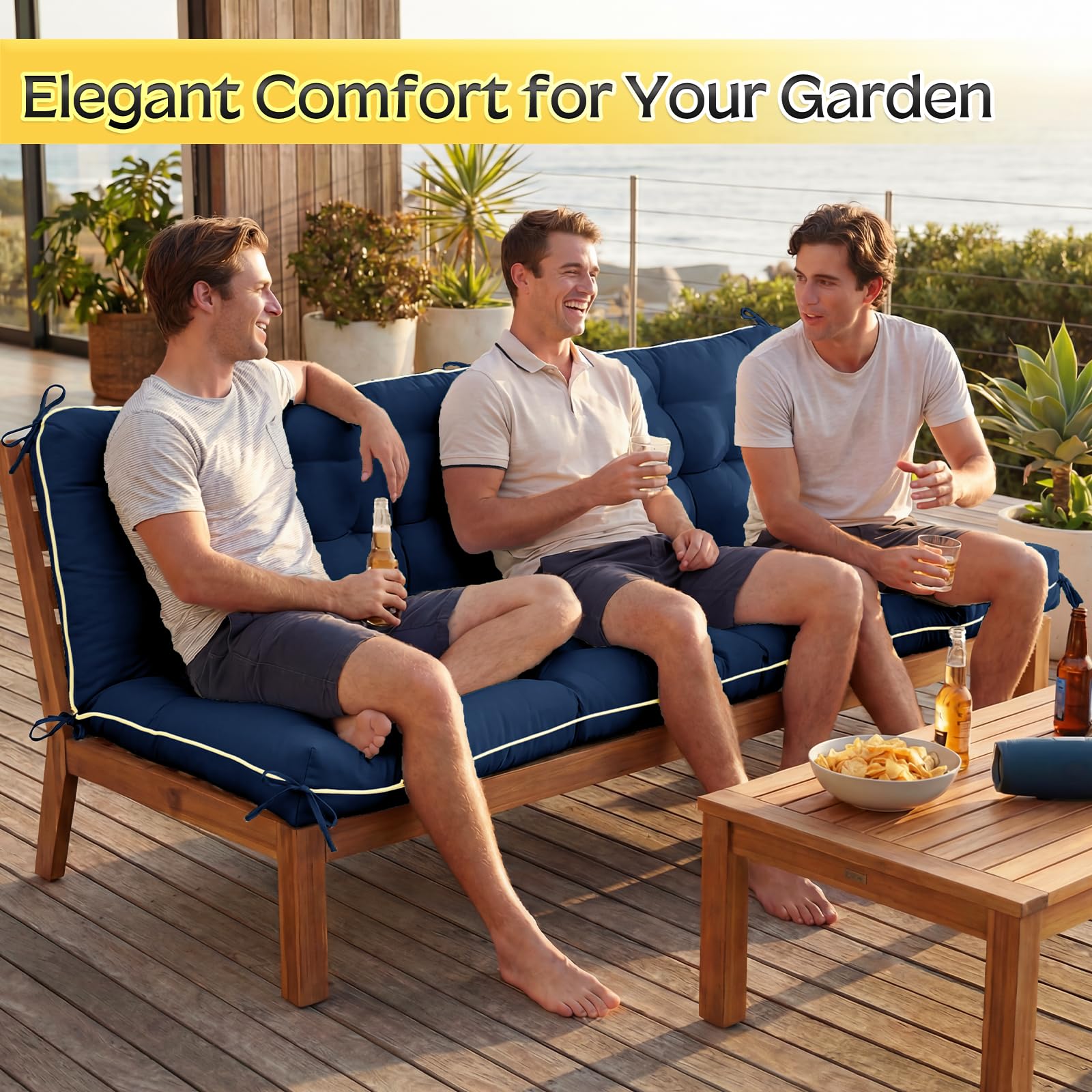 AS AWESLING on wooden porch swing in lifestyle scene adding cozy outdoor seating