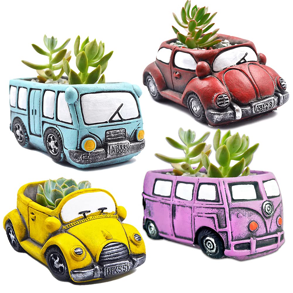 Ascrafter front view of four colorful car-shaped planters showing cheerful decor benefit