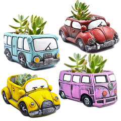 Ascrafter front view of four colorful car-shaped planters showing cheerful decor benefit