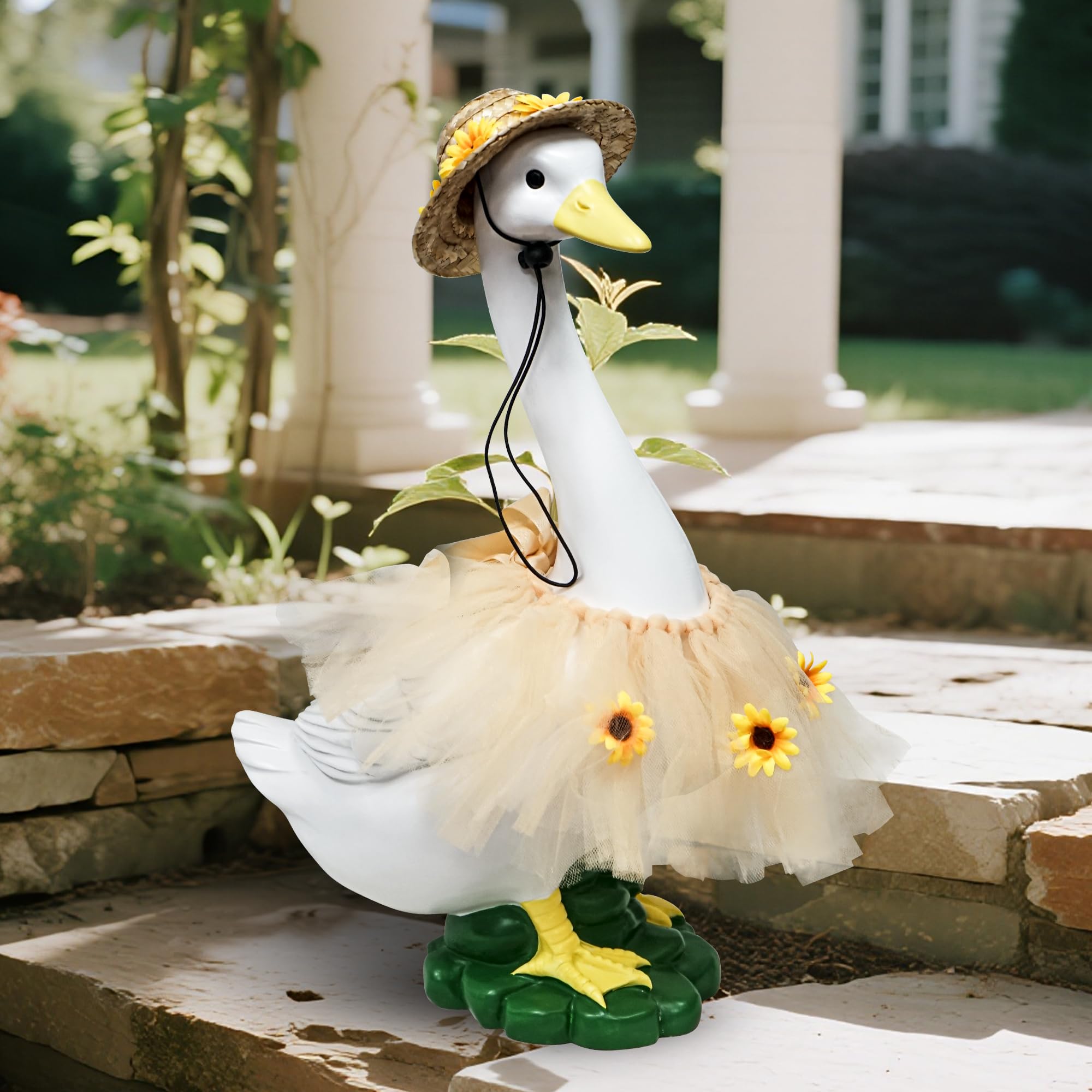 ASDFG goose front view showing cheerful sunflower outfit and curb appeal