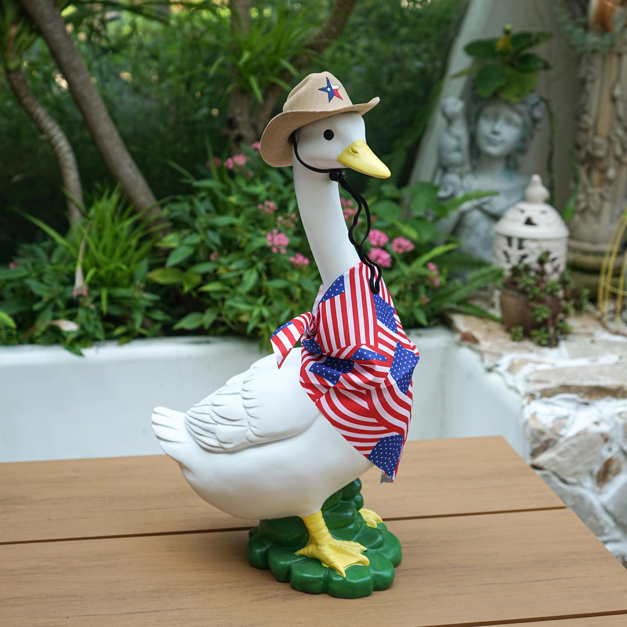 ASDFG goose in porch setting adding whimsical outdoor charm
