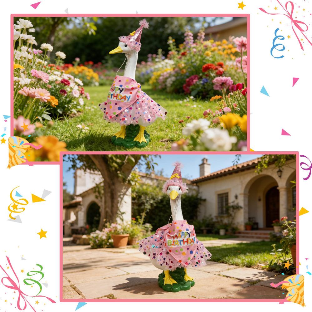 ASDFG goose staged on patio amid party decorations for celebrations