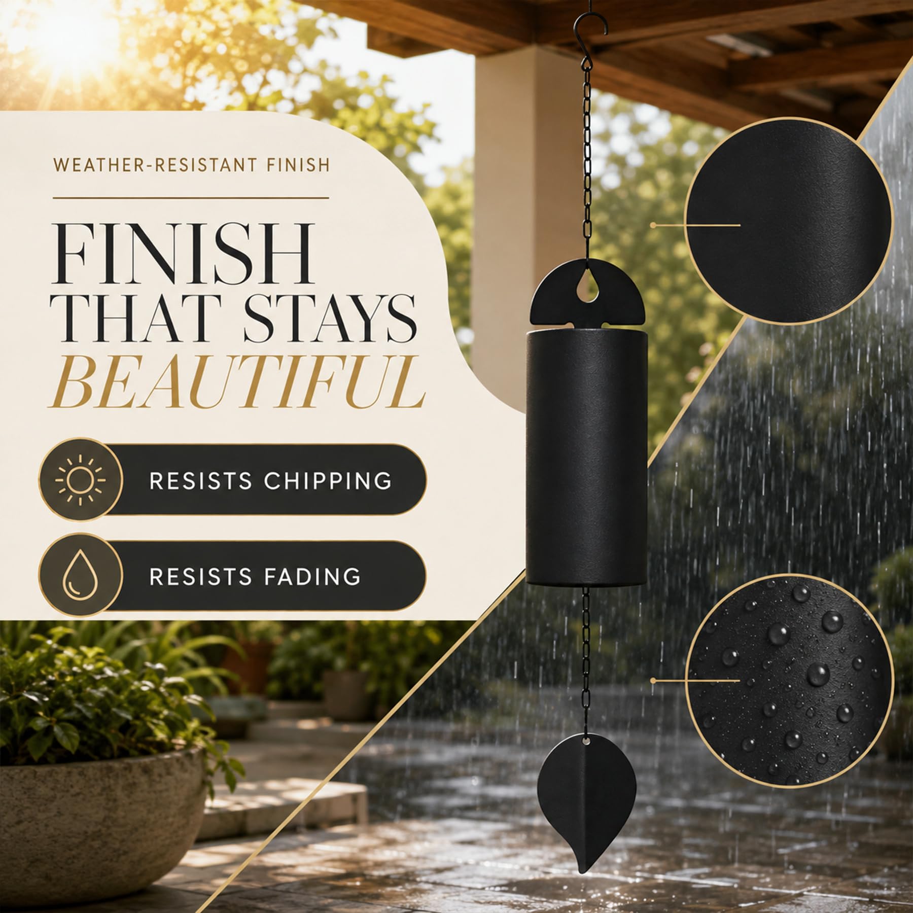 ASDFG wind chime hanging on porch providing peaceful outdoor soundscape