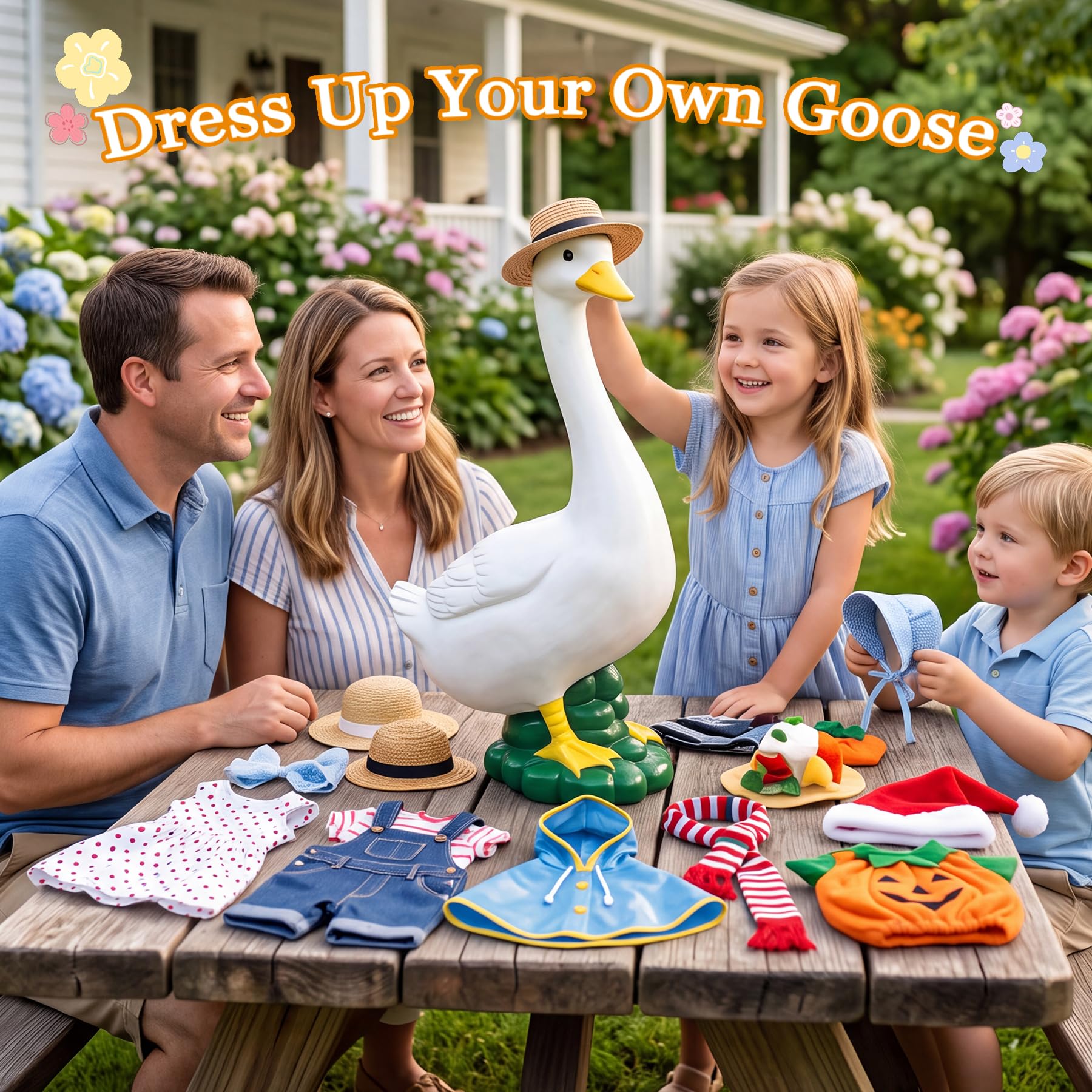 ASDFG goose beside potted plants showing scale and garden compatibility