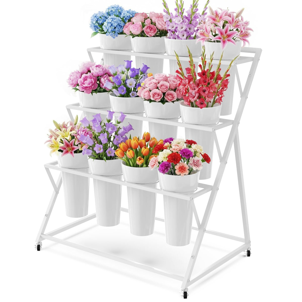 Asee'm flower stand front view showing white-and-gold tiers and twelve buckets for versatile display